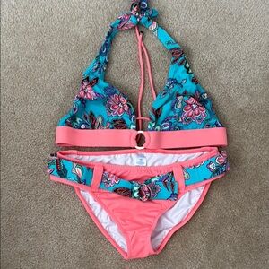 Blue and Coral Floral Bikini Swim Set
